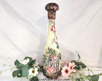 Handcrafted Decoupage Glass Bottle: Shabby Cottage Red Roses Table Decoration