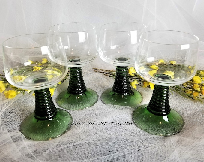 Set of Four Large Green Stemmed Wine Glasses, German Green Stem Wine