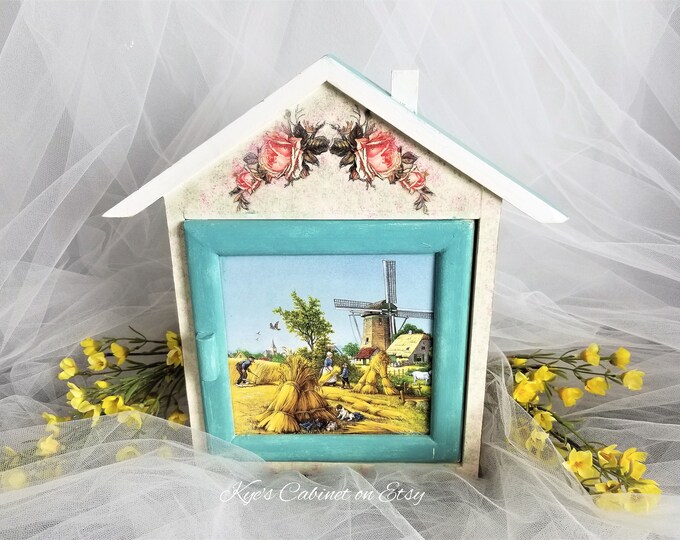 Hand Painted Key Box With Dutch Tile Door, Rose Decoupage Key Holder Upcycled Wooden