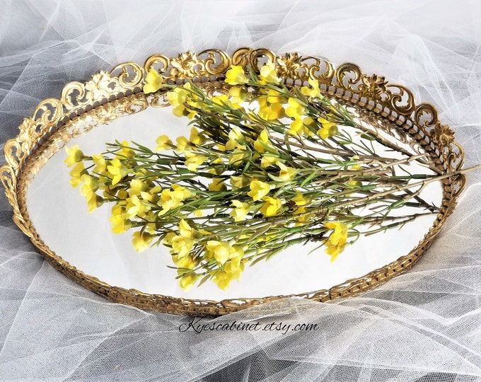 Gold Tone Oval Vanity Mirror Tray Brass Filigree Framed Etsy