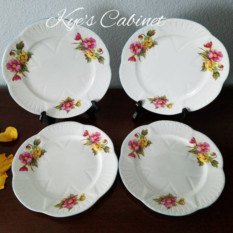 Elegant Shelley Fine Bone China Begonia Salad Plate Free Shipping Dainty Shape Blue Set of Four Plate