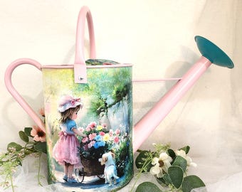 Decoupage Watering Can "Little Girl with Flowers": Hand painted, 1.5 Gallon, Removable Spout