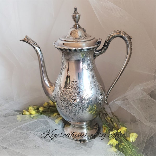 Wilcox Lady Mary Silver Plated Teapot, Embossed Floral Silverplate Teapot with Hinged Lid,  International Silver Plate 1920s Ornate Teapot