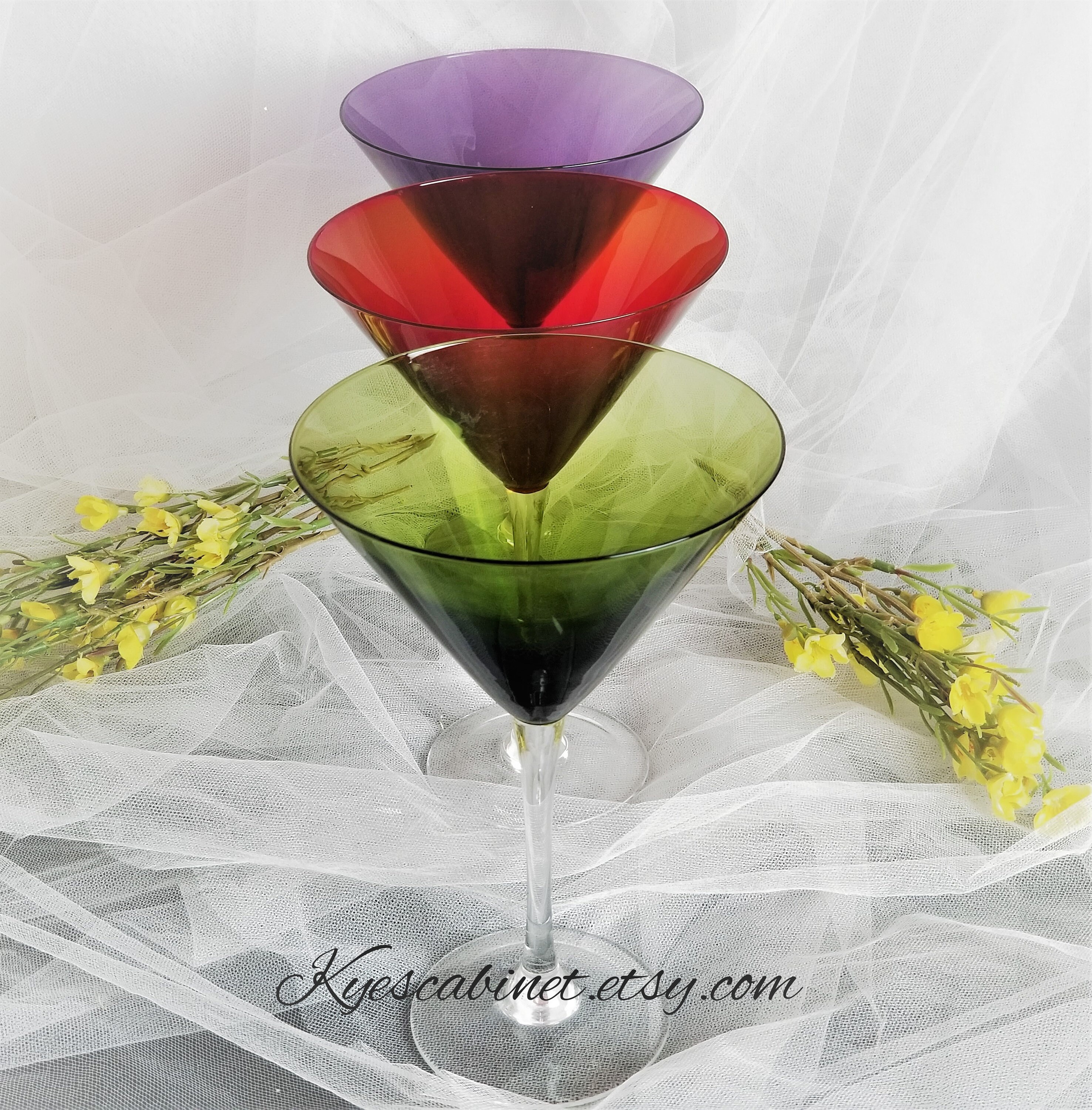 Jewel Tone Martini Glasses Set of 3 Multicolor Stemmed Etsy