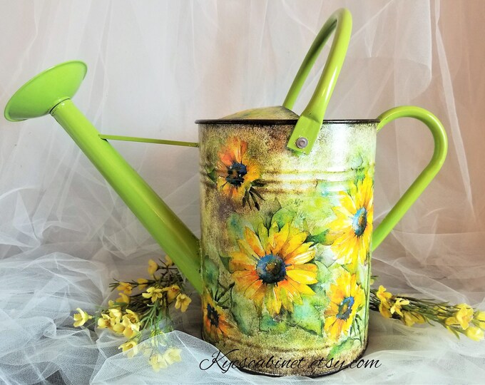 Large Watering Can Decoupage watercolor Sunflowers, 1.5 Gallons Metal