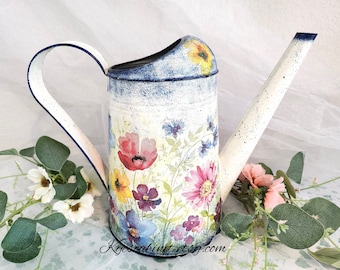 Metal Watering Can Decoupage "Colorful Wildflowers Fields", Hand Painted Galvanized Watering Can, Special Gift for Garden Lover
