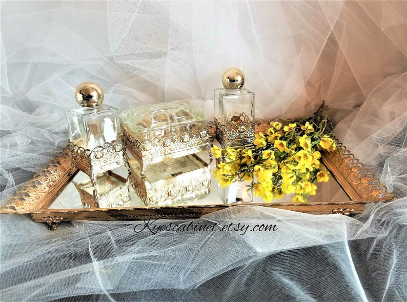 4 Pieces Gold Tone Filigree Vanity Tray Set Footed Mirror Etsy