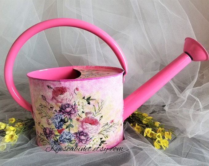 Decoupage Watering Can dahlia Flowers, Metal Watering Can With Removable Spout, Floral Watering