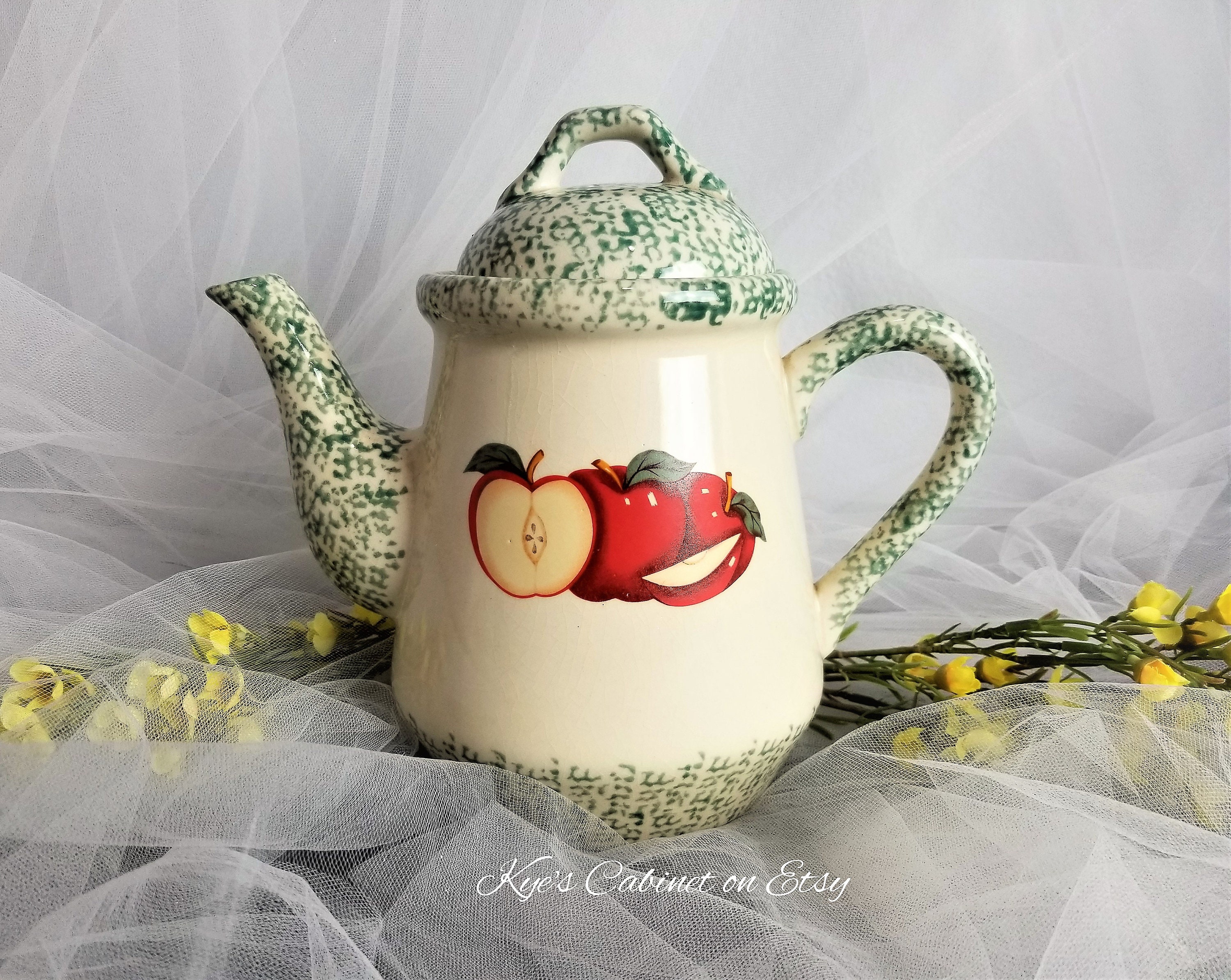 Apple Green Spongeware Teapot by Tender Heart Treasures Farm Etsy