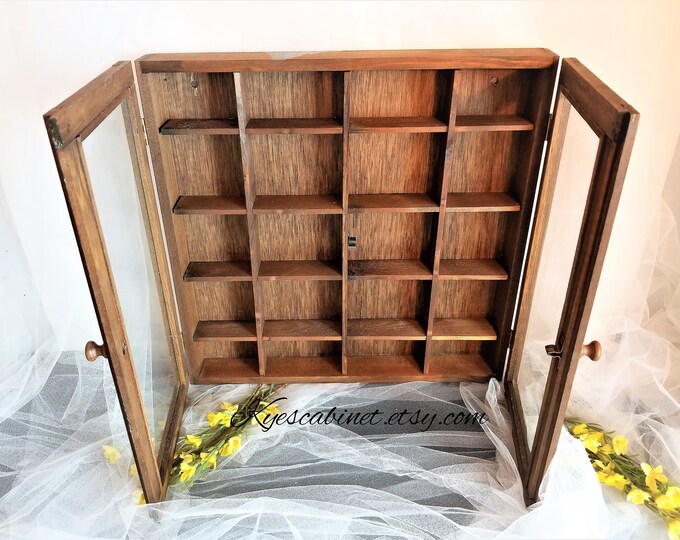 Wall Display With Two Glass Doors, 20 Compartment Apothecary Miniatures Knick