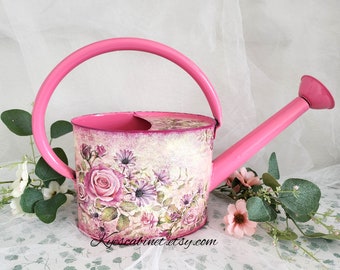 Decoupage Watering Can "Pink Rose Flowers", Metal Watering Can With Removable Spout, Floral Watering Can With Large Curved Handle