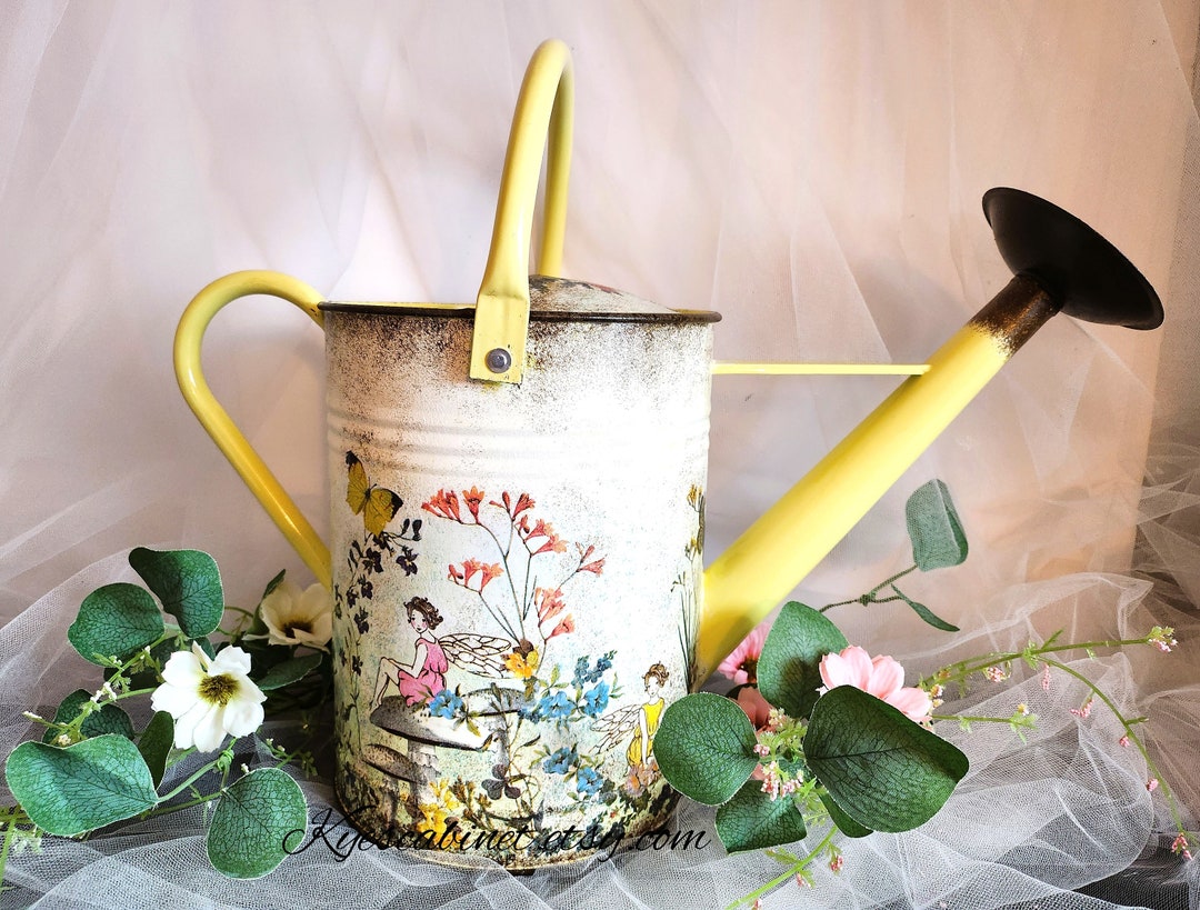 Large Watering Can Decoupage fairy Flowers Garden, 1.5 Gallons Metal Watering Can With Removable