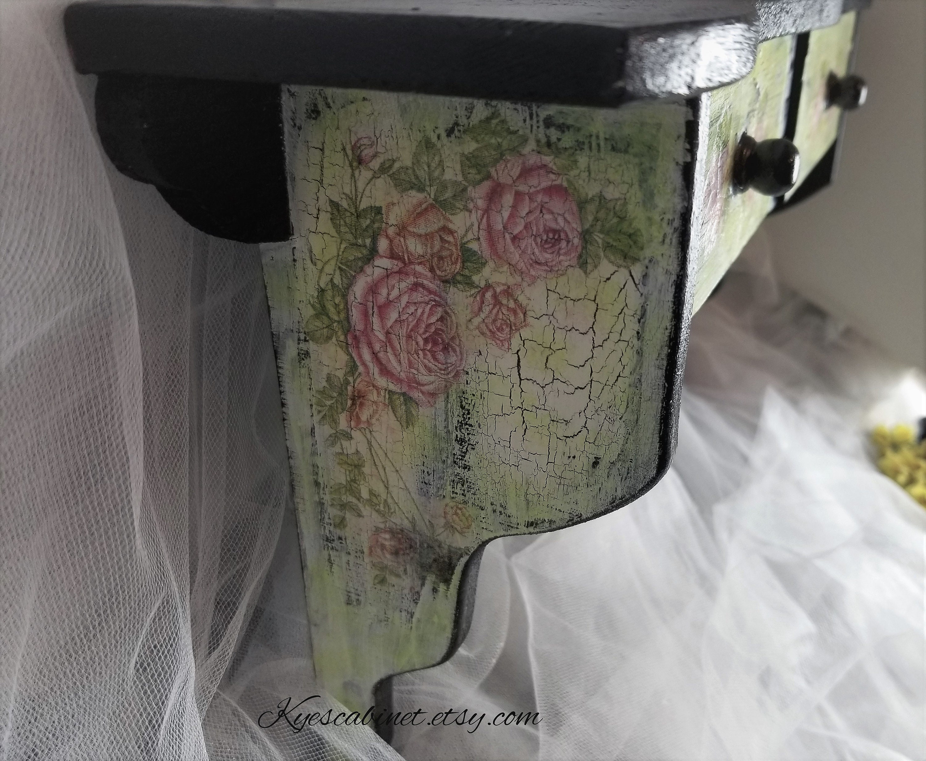 Hand Painted Kitchen Wall Shelf With Drawers Rose Decoupage Etsy