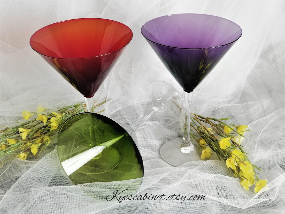 Jewel Tone Martini Glasses Set of 3 Multicolor Stemmed Etsy