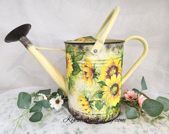 Large Watering Can Decoupage "Sunflowers Garden", 1.5 Gallons Metal Watering Can With Removable Spout, Hand Painted, Unique Gift