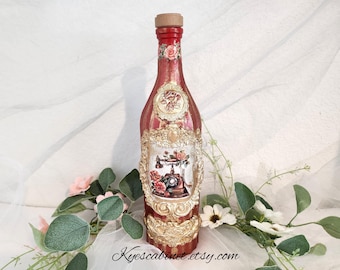 Decoupage Antique Thyme Glass Bottle: Hand-Painted Red Rose Decor