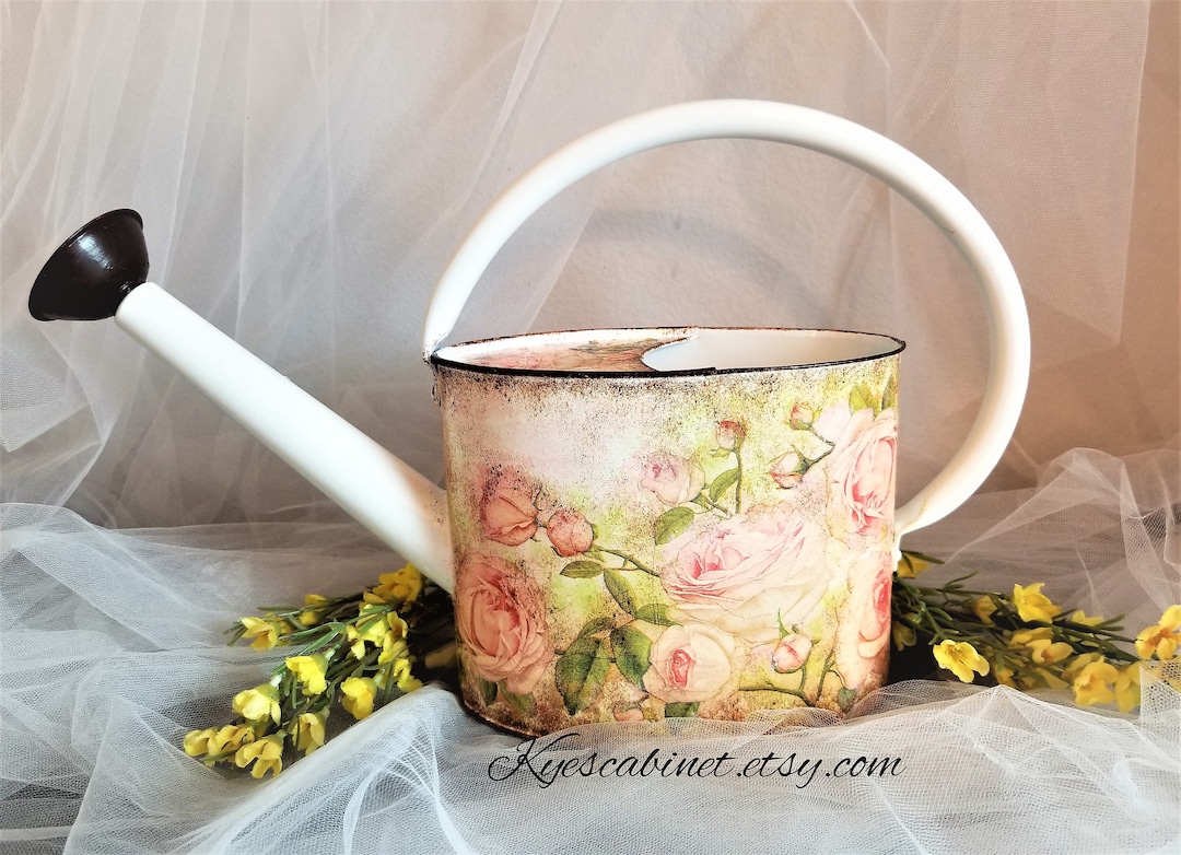 Decoupage Watering Can pink Rose Garden, Metal Watering Can With Removable Spout, Floral