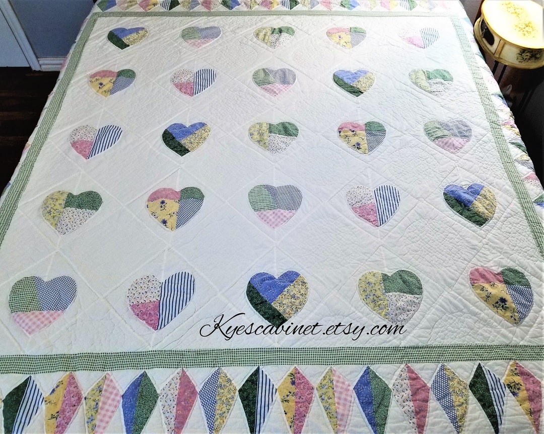 Vintage Heart Patchwork Quilt, Pastel Tone Love Heart Quilt, 84 X 82
