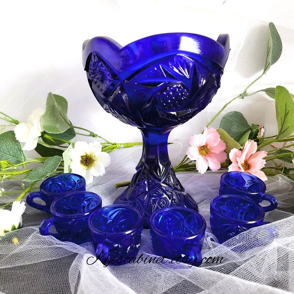 Cobalt Blue Glass Mini Punch Bowl and 6 Cups Set, Blue Pedestal Bowl and Six Cups With Pinwheel Pattern, 7 Pieces Set