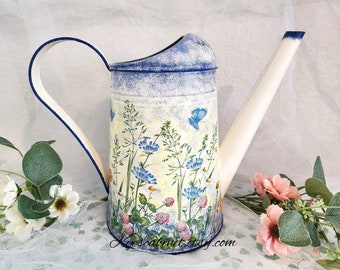 Metal Watering Can Decoupage "Spring Wild Flowers", Hand Painted Galvanized Watering Can, Special Gift for Garden Lover