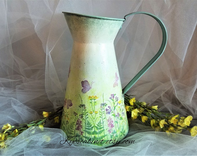 Metal Watering Can Decoupage pastel Wild Flowers, Hand Painted Floral