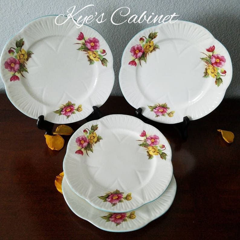 Elegant Shelley Fine Bone China Begonia Salad Plate Free Shipping Dainty Shape Blue Set of Four Plate