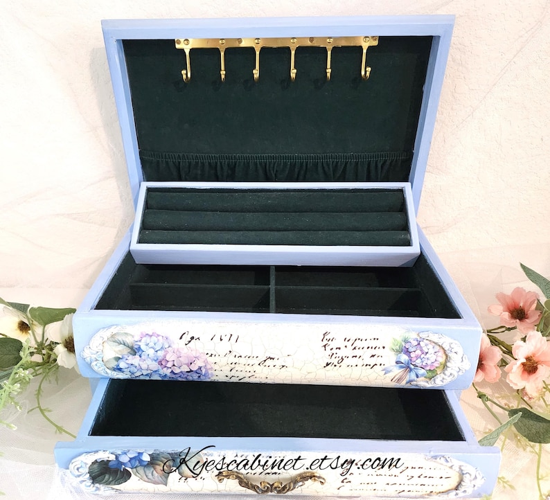 Blue Decoupage Jewelry Box shabby Chic Hydrangea, Upcycled Hand Painted