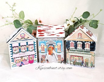 Set of 3 Embossed Christmas Village Tins, Harry London Collectible Holiday Houses
