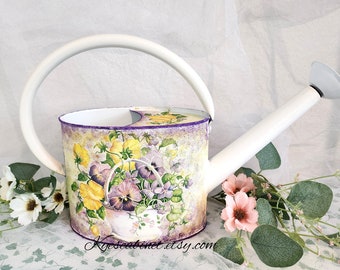 Decoupage Watering Can "Pansy Flowers Basket", Metal Watering Can With Removable Spout, Floral Watering Can With large Curved Handle