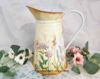 Metal Watering Can Decoupage "Orange Wildflowers",  Hand Painted Floral Metal Vase, Decorative Watering Pitcher, Unique Gift