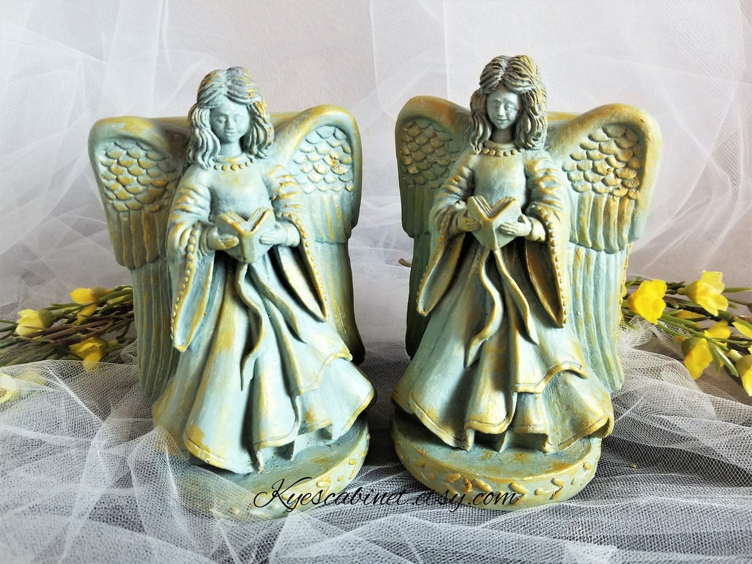 Angel Bookends Holding Bible, Hand Painted Golden Blue Angel Bookends
