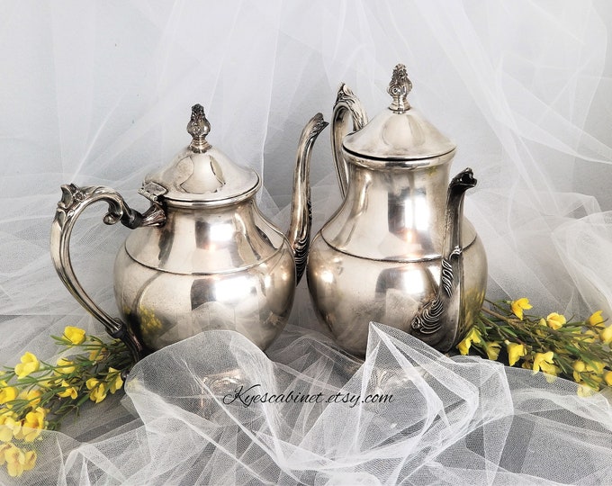 FB Rogers Silver Plated Teapot Set of Two, Ornate Silverplate 2 Teapots