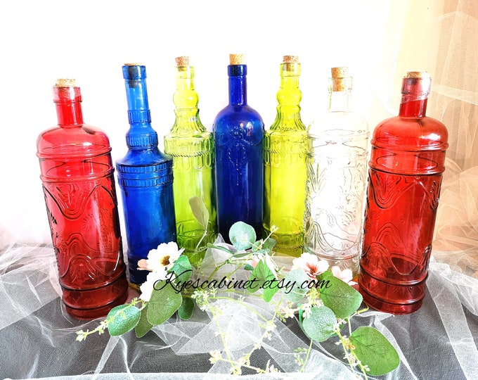 Vintage Large Colored Glass Bottles 12 Inch, Decorative Decanter Apple