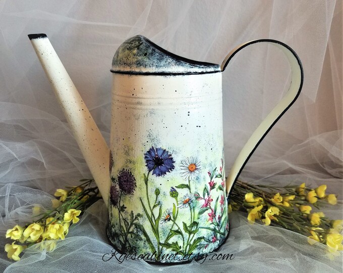 Decoupage Metal Watering Can summer Wildflowers, Hand Painted Watering Pitcher, Galvanized