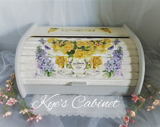 Hand Painted Wooden Bread Box yellow Roses and Lavenders, French Style