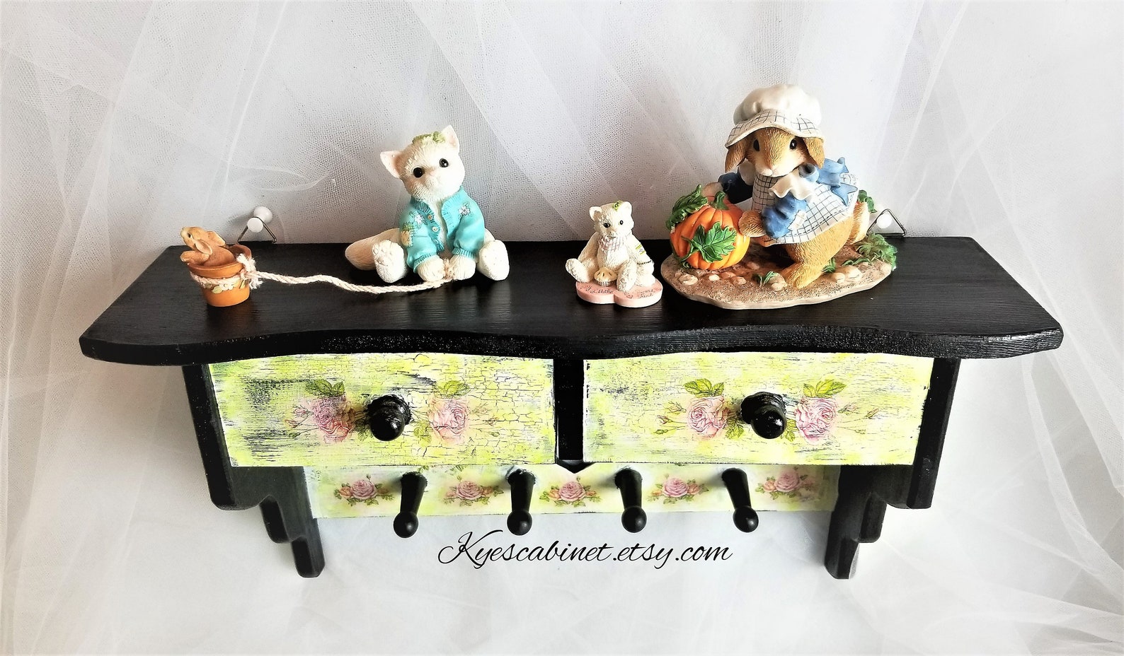 Hand Painted Kitchen Wall Shelf With Drawers Rose Decoupage Etsy