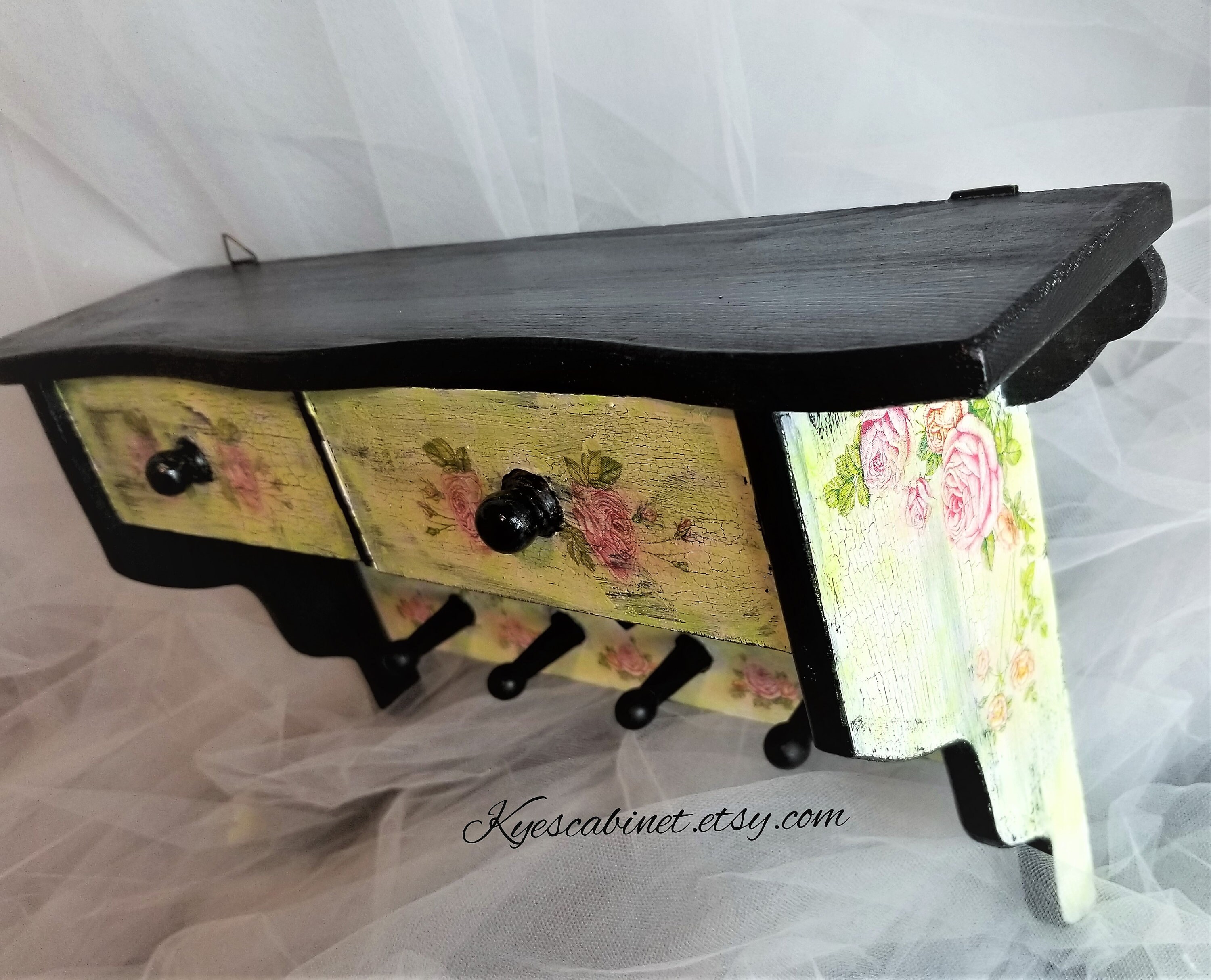 Hand Painted Kitchen Wall Shelf With Drawers Rose Decoupage Etsy