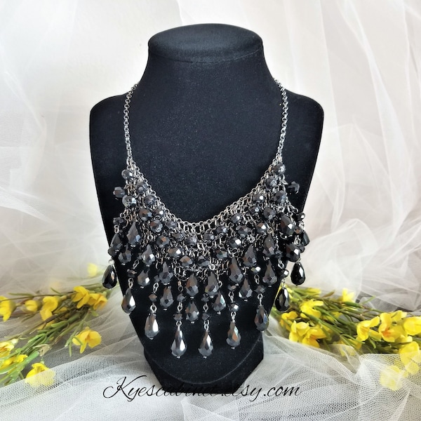 Vintage Black Faceted Teardrop Bead Bib Necklace, Multi Strands Black Crystal Bead Chain Necklace, Statement Necklace, Special Gift for Her