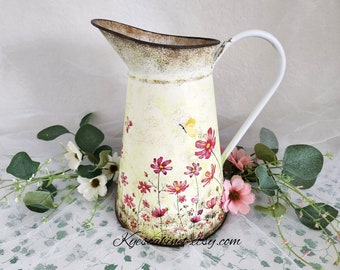 Metal Watering Can Decoupage "Cosmos Flowers Garden",  Hand Painted Floral Metal Vase, Decorative Watering Pitcher, Unique Gift