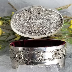 Silver Plated Jewelry Box: Rose Ornate, Red Velvet Lining, 4 1/2 Inch Footed Trinket