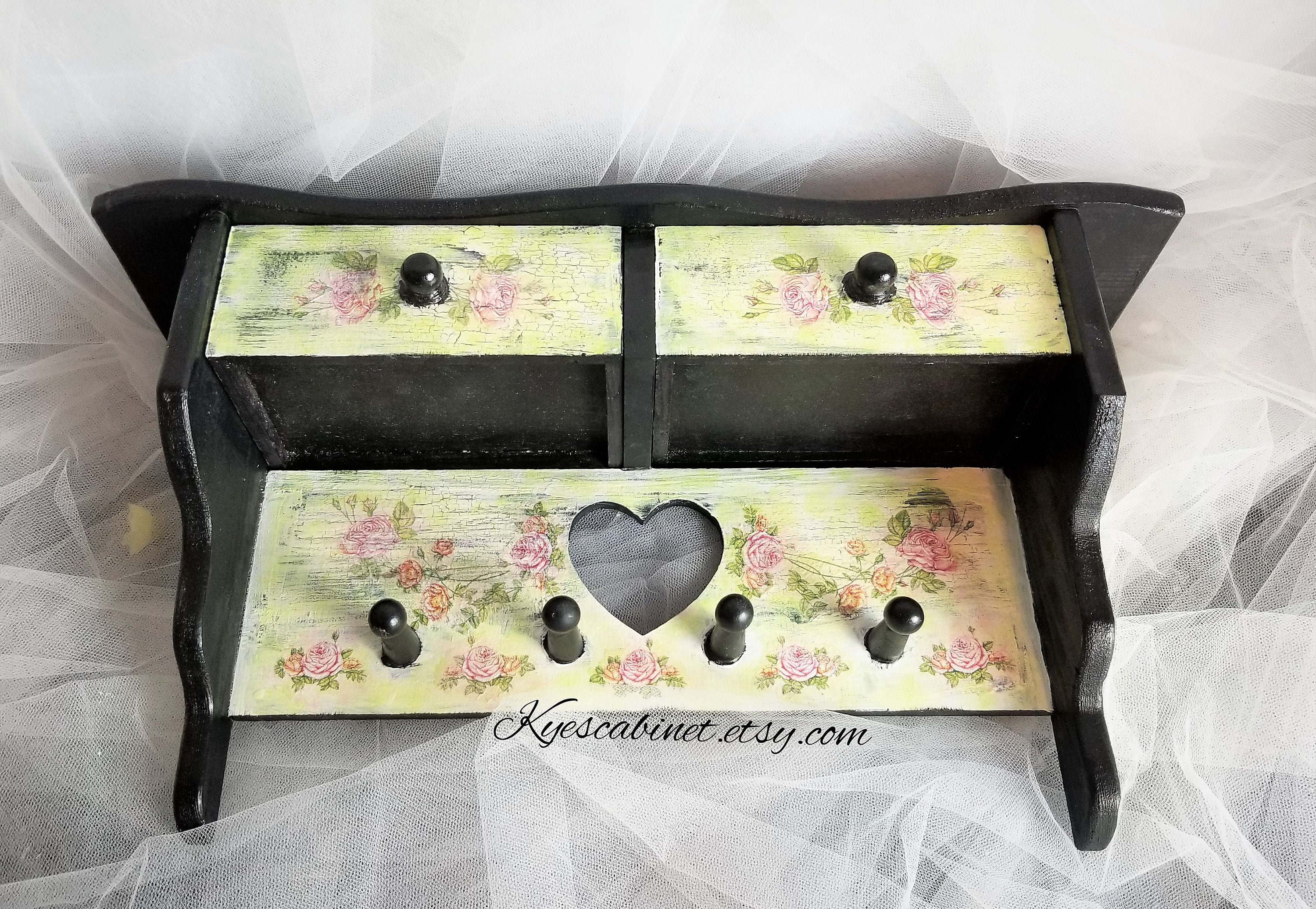 Hand Painted Kitchen Wall Shelf With Drawers Rose Decoupage Etsy