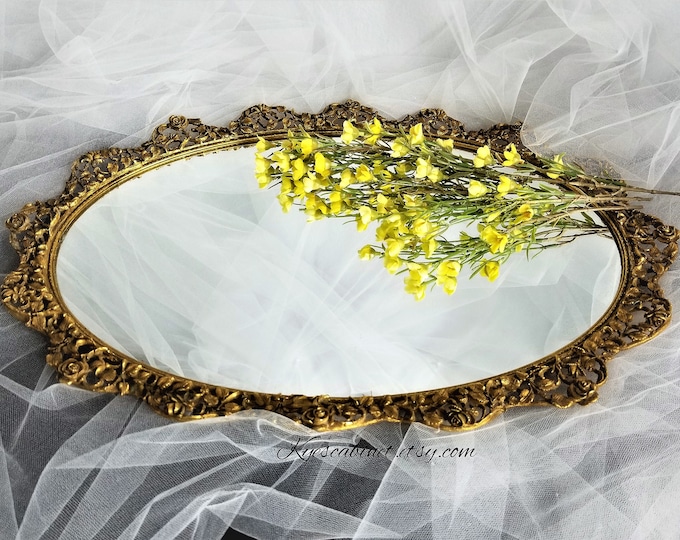 Large Matson Gold Plated Vanity Mirror Tray, 21 Inch Gold Ormolu Oval Mirror Tray, Vintage