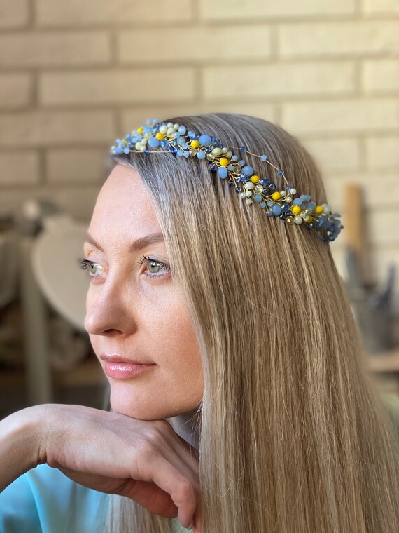 Trouwen Accessoires Haaraccessoires Kransen & Tiaras Oekraïense accessoire Oekraïense krans Oekraïne Vlag Oekraïne Sieraden Oekraïne cadeau Blauw geel haarband 