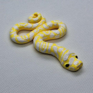May include: A small, coiled snake figurine featuring a bright yellow and white patterned body. The snake has a smooth, glossy texture with distinct black eyes and a rounded head, captured in a curled position with its tail tucked inward.