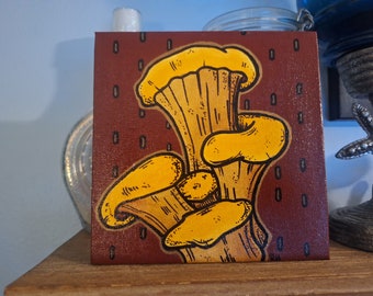 Yellow mushrooms painting, 6x6 in flat canvas panel