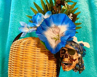 PIRATE SKULL Eyepatch Scarf Earring Palm Tree Island Treasure Chest Jolly Roger HEADBAND Hairflower Hukilau Caliente Oasis Luau Parrothead