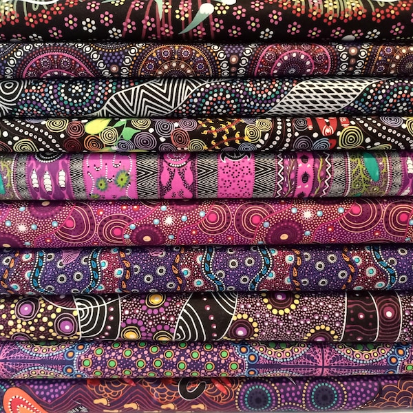 Purple Set 20 Fat Quarters- cotton quilting bundle- Australian Aboriginal Fabric