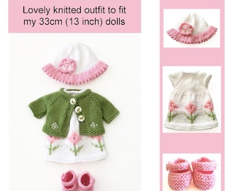 Doll Clothes Knitting Pattern For 13 Inch Dolls Top Down Dress and Jacket Knit Flat on Two Needles