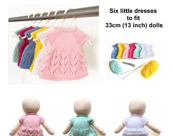 Dolls Dresses Knitting pattern for 33cm (13 inch) dolls, six different designs, knit flat on two needles