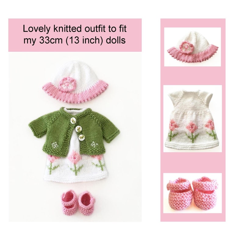 Doll Clothes Knitting Pattern For 13 Inch Dolls Top Down Dress and Jacket Knit Flat on Two Needles image 1